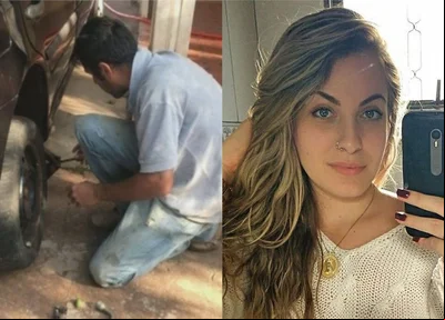 Mariana Forti Bazza ainda registrou o homem trocando o pneu
